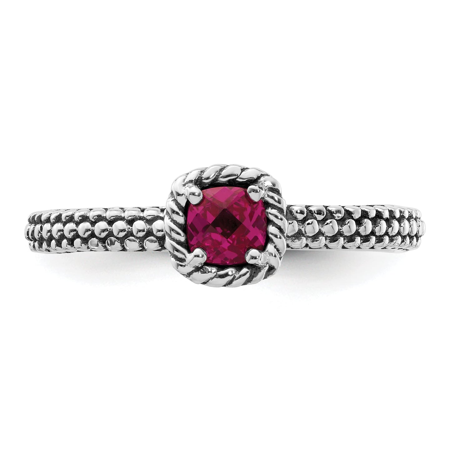 Sterling Silver Stackable Expressions Checker-cut Cr Ruby Antiqued Ring Size -8