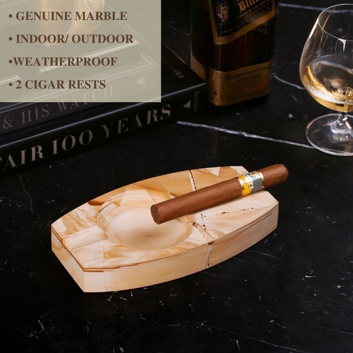 Bey-Berk International C305 Oval Two Cigar Marble Ashtray, Black Zebra