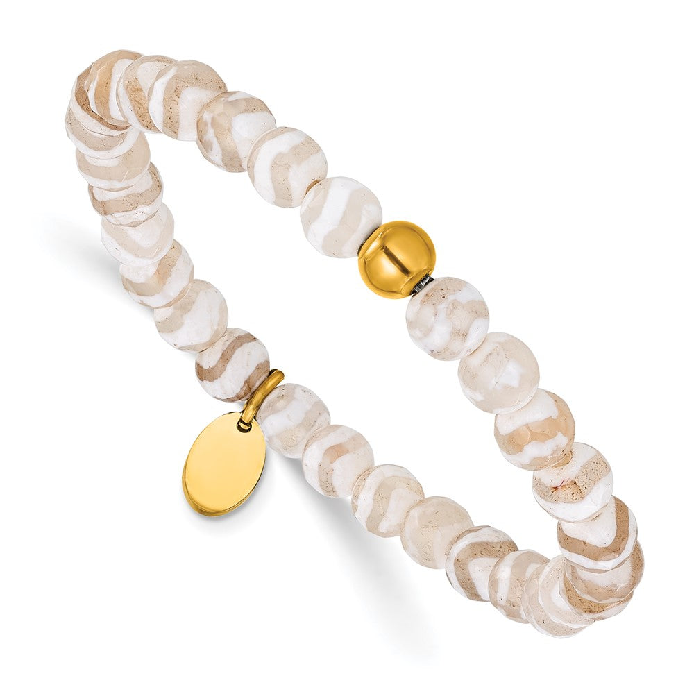 Chisel Stainless Steel Polished Yellow IP-plated 6mm White Line Agate Beaded 6.25 inch Stretch Bracelet 6.25 inches