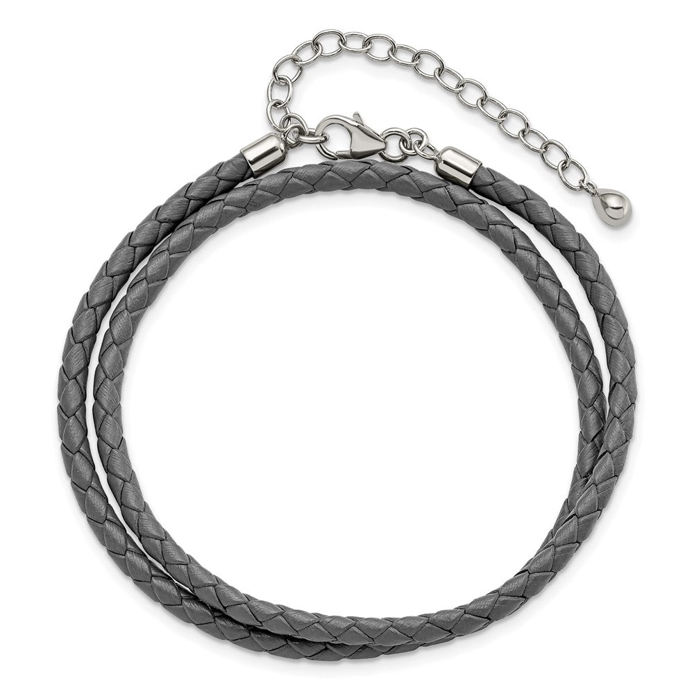 Sterling Silver Reflections Gray Leather Rhodium-plated 14 inch with a 2 inch extention Choker/Wrap Bracelet 14 inches