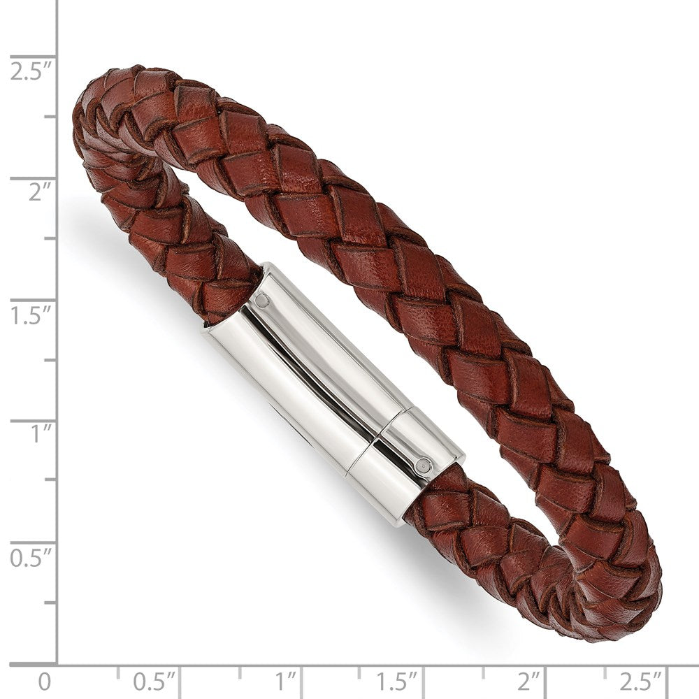 Stainless Steel Polished Brown Leather 8.5in Bracelet 8.5 inches