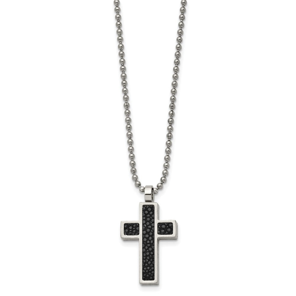 Stainless Steel Brushed Black Genuine Stingray Inlay Cross 24in Necklace