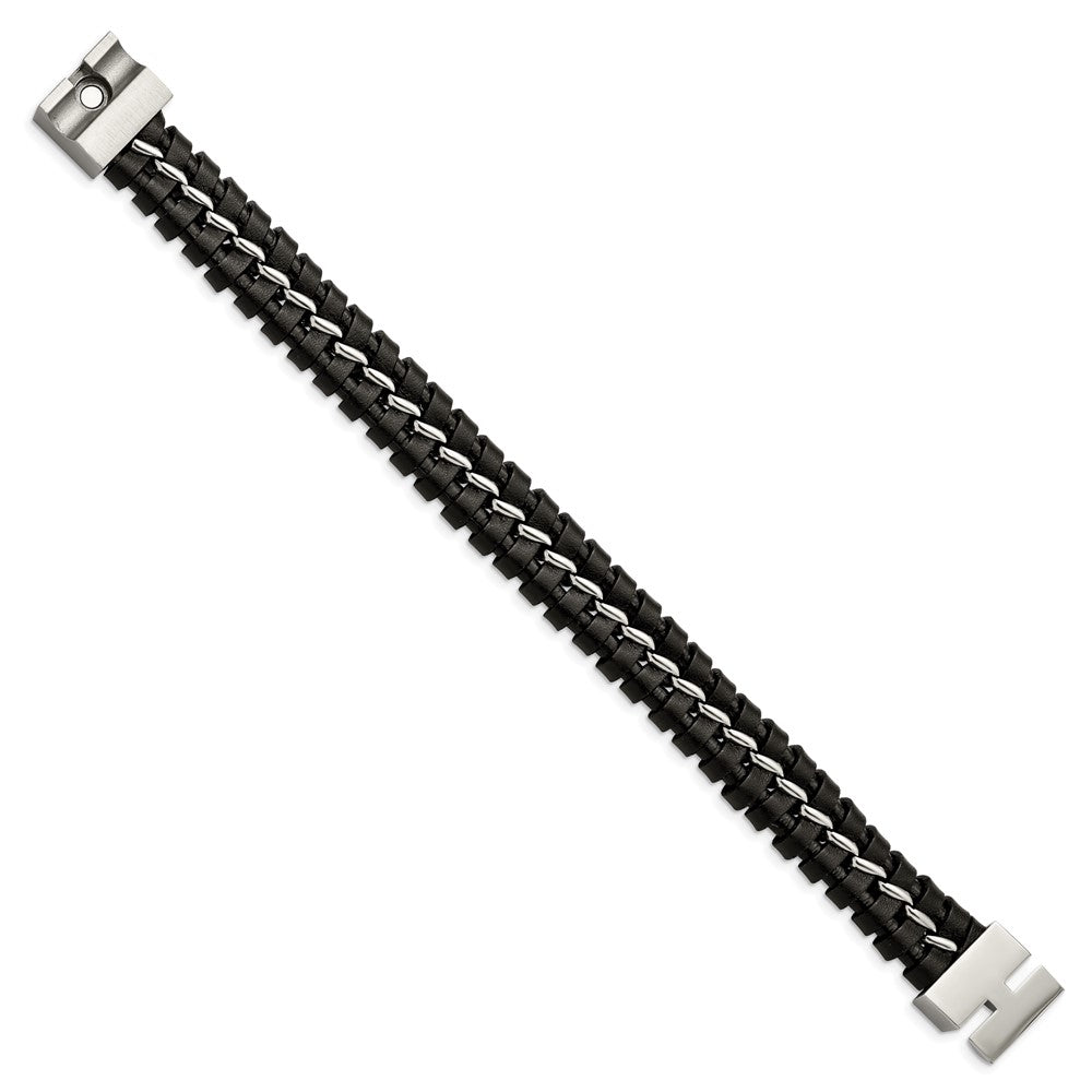 Stainless Steel Brushed and Polished Black Leather 9in Bracelet 9 inches