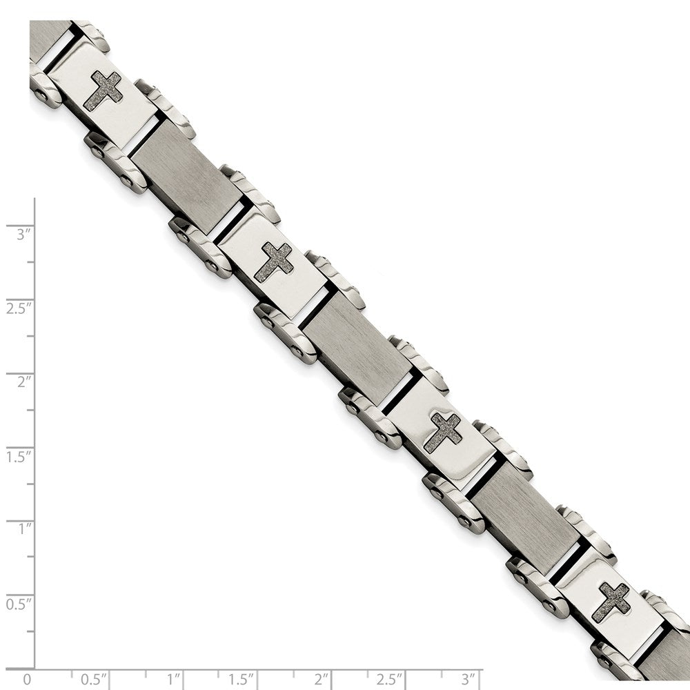 Stainless Steel Brushed Polished and Laser Cut Crosses 8.75in Bracelet 8.75 inches