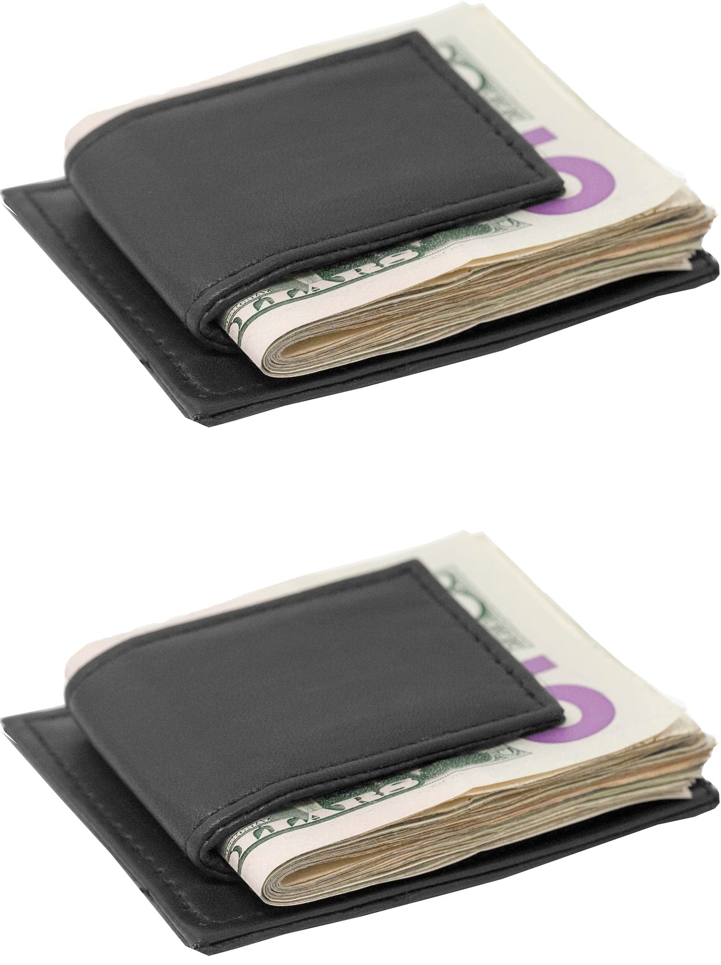 Set of 2 - Made in India Genuine Cowhide Slim Leather Front Pocket Wallet and Magnetic Money Clip (Black)