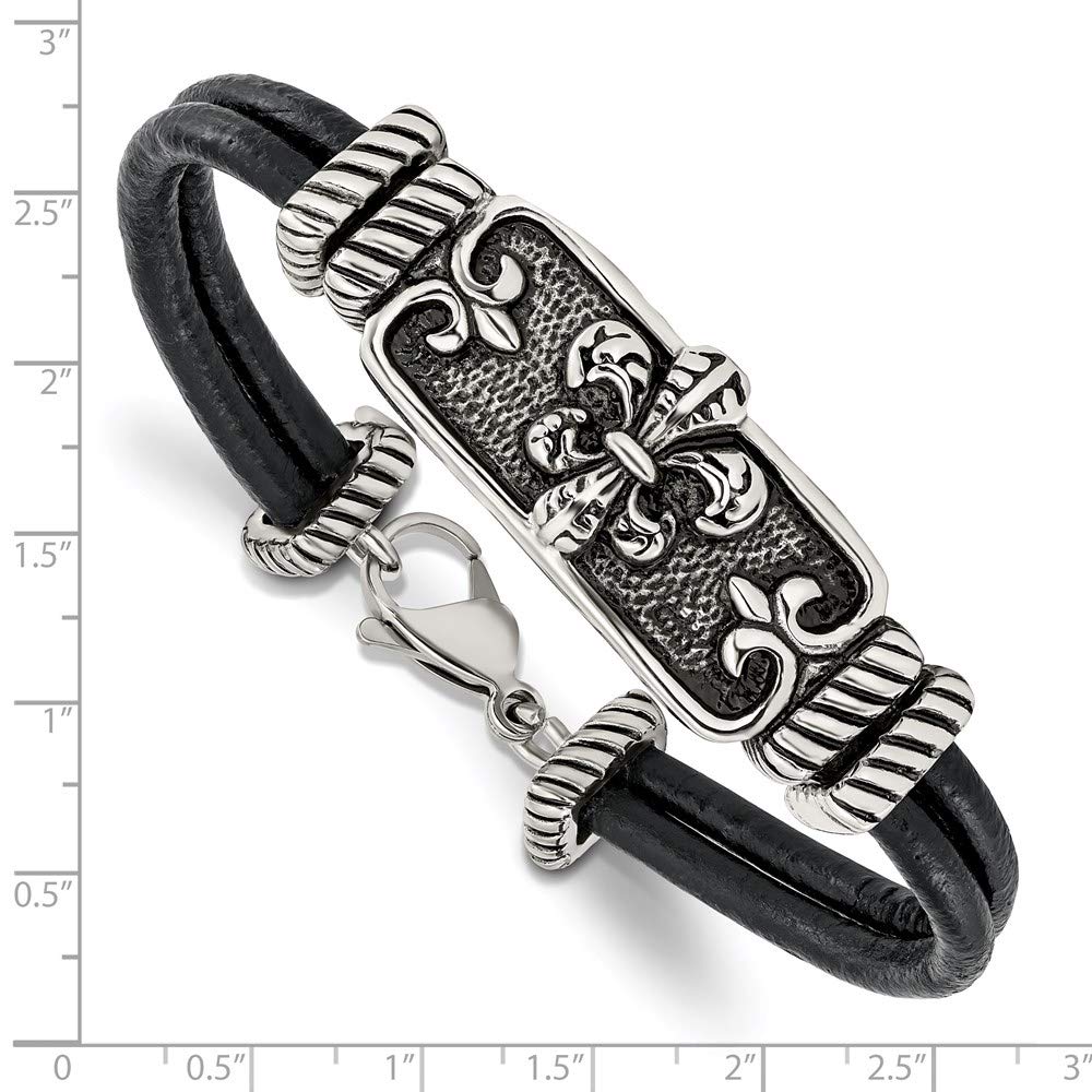 Stainless Steel Antiqued & Polished Fleur De Lis Black Leather Bracelet 8.5 inches