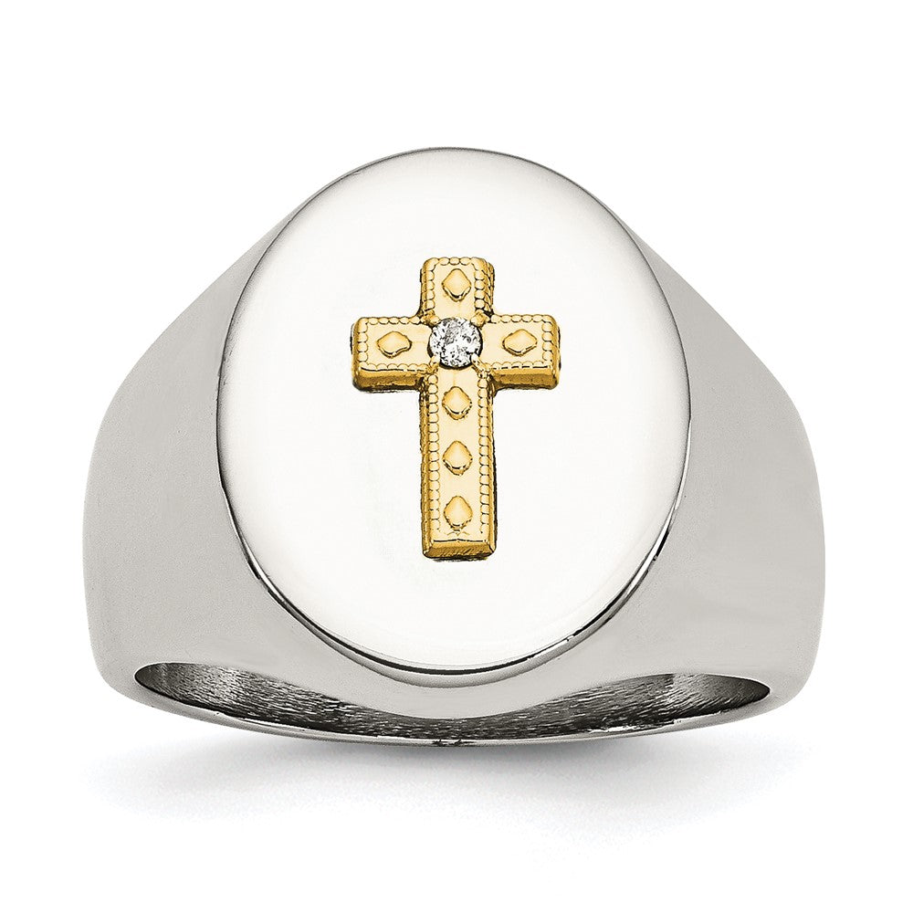 Stainless Steel Polished w/10K Gold Cross and .02ct Diamond Ring Size - 11