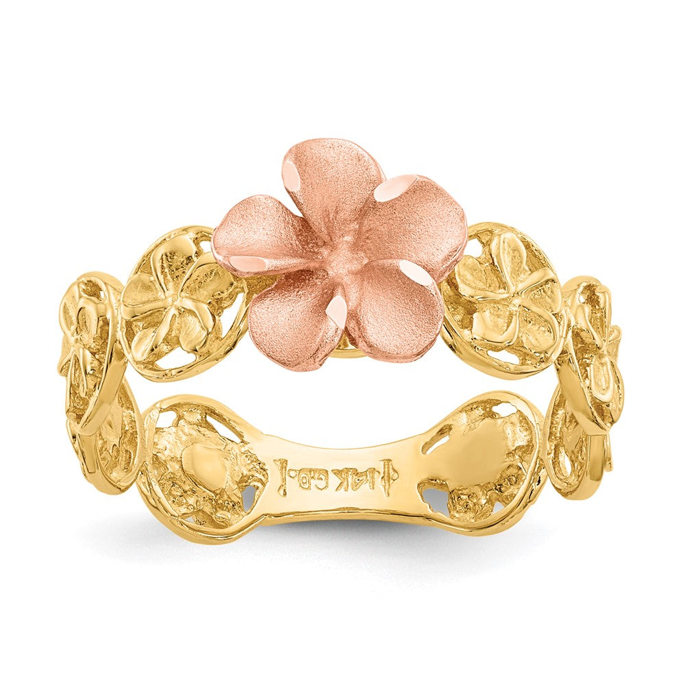 14k Yellow & Rose Gold Diamond-cut Plumeria Flower Ring Size 7