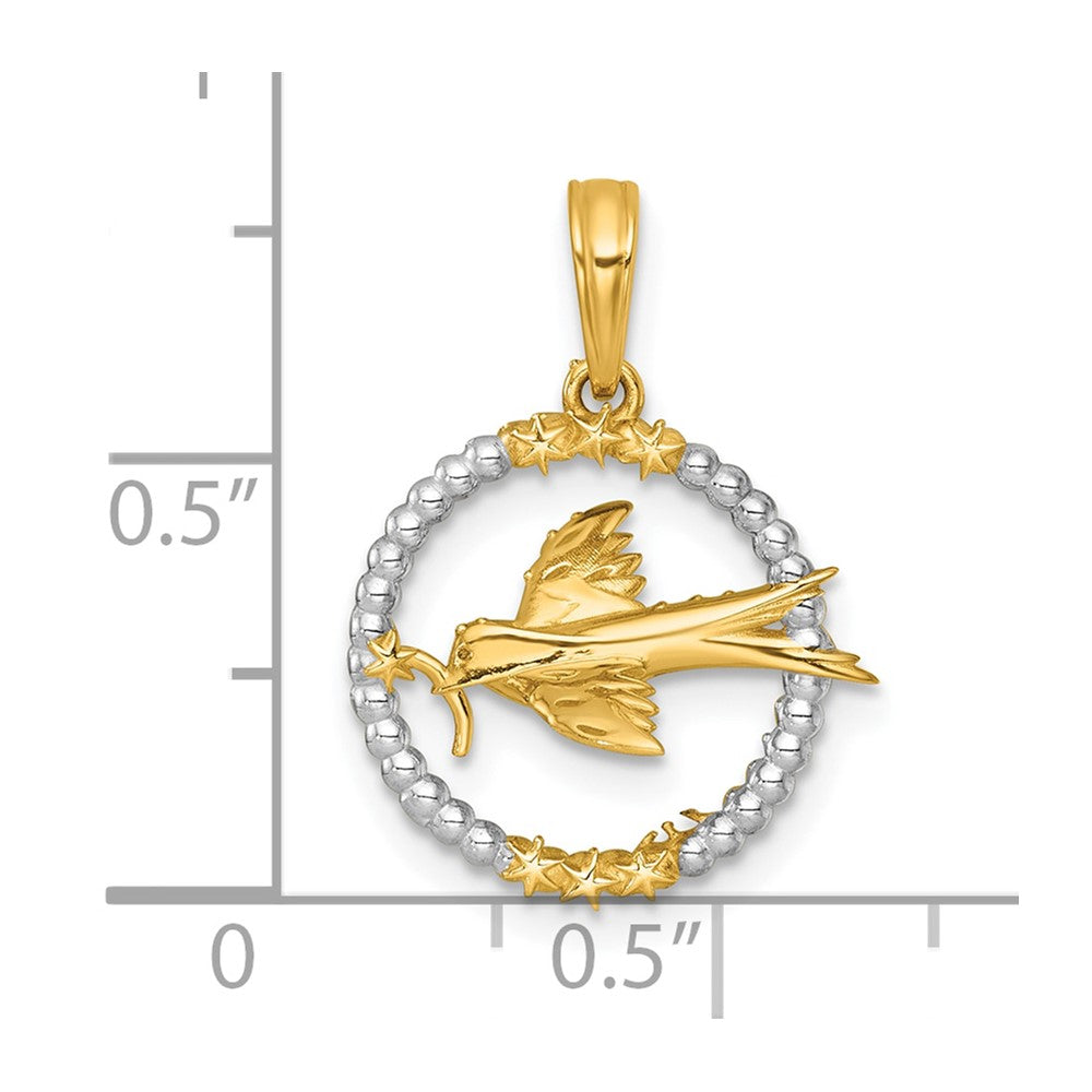14k with White Rhodium Polished Flying Bird In Circle with Stars Charm