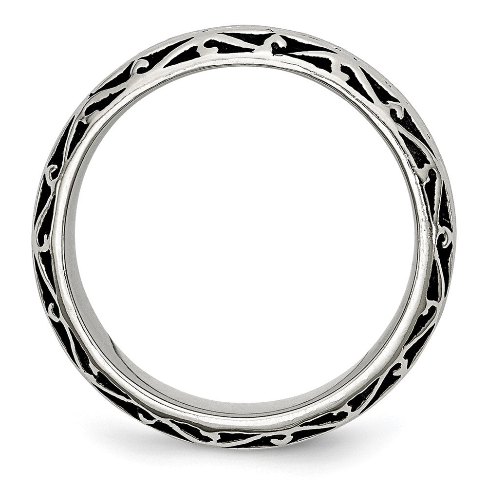 Stainless Steel Antiqued and Polished Swirl Design 7mm Band Size - 9