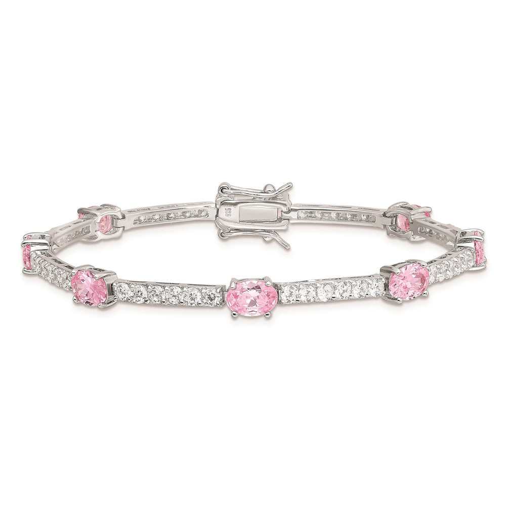 Sterling Silver Rhodium-plated 7inch Pink and Clear CZ Bracelet 7 inches