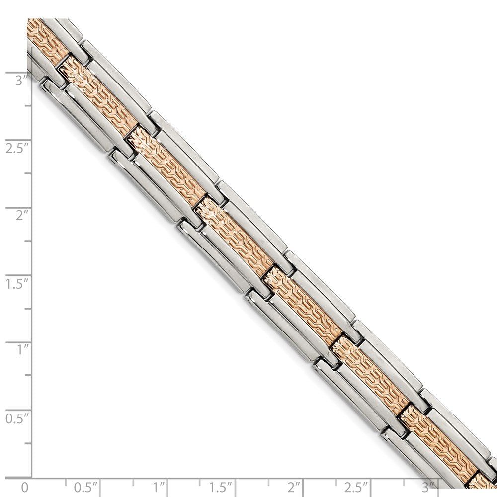 Stainless Steel Polished and Textured Rose IP-plated 8.5in Bracelet 8.5 inches