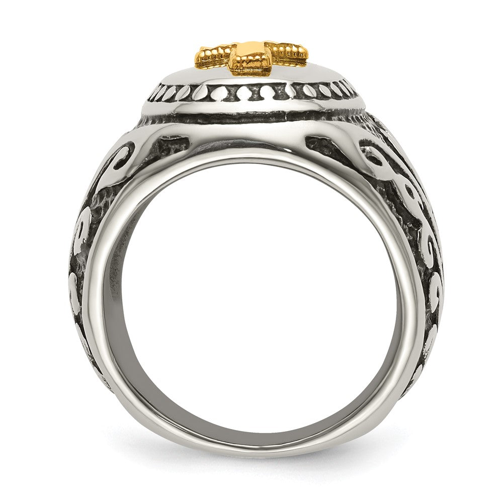 Stainless Steel w/14k Accent Antiqued and Polished Cross Ring Size - 10