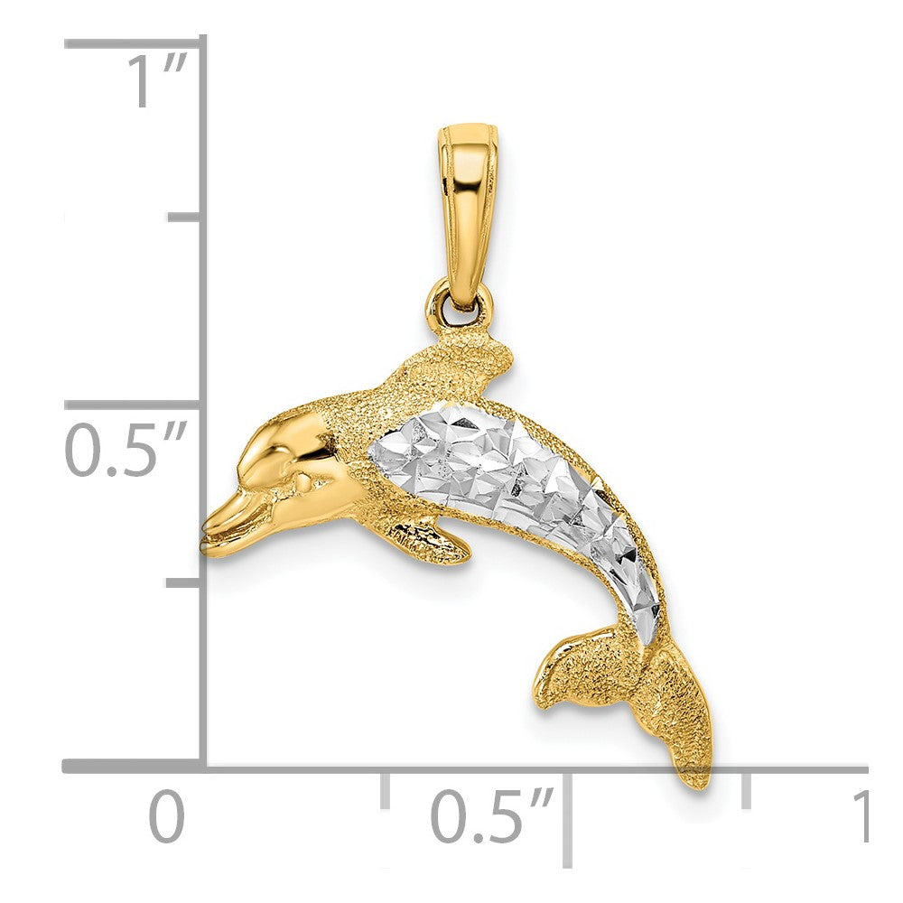 14k w/Rhodium Diamond-cut Dolphin Pendant