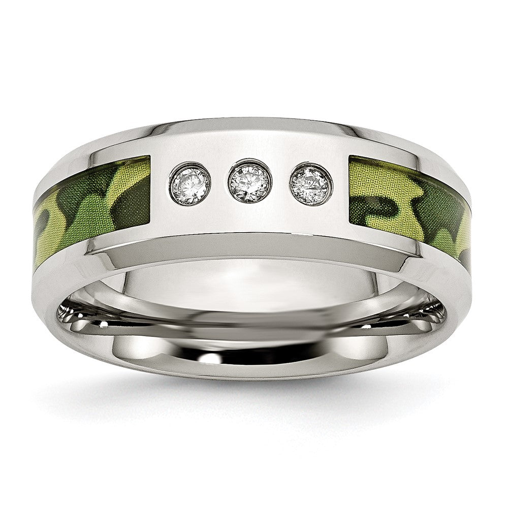 Stainless Steel Polished Camouflage 1/10ct Diamond 8mm Band Size - 12.5
