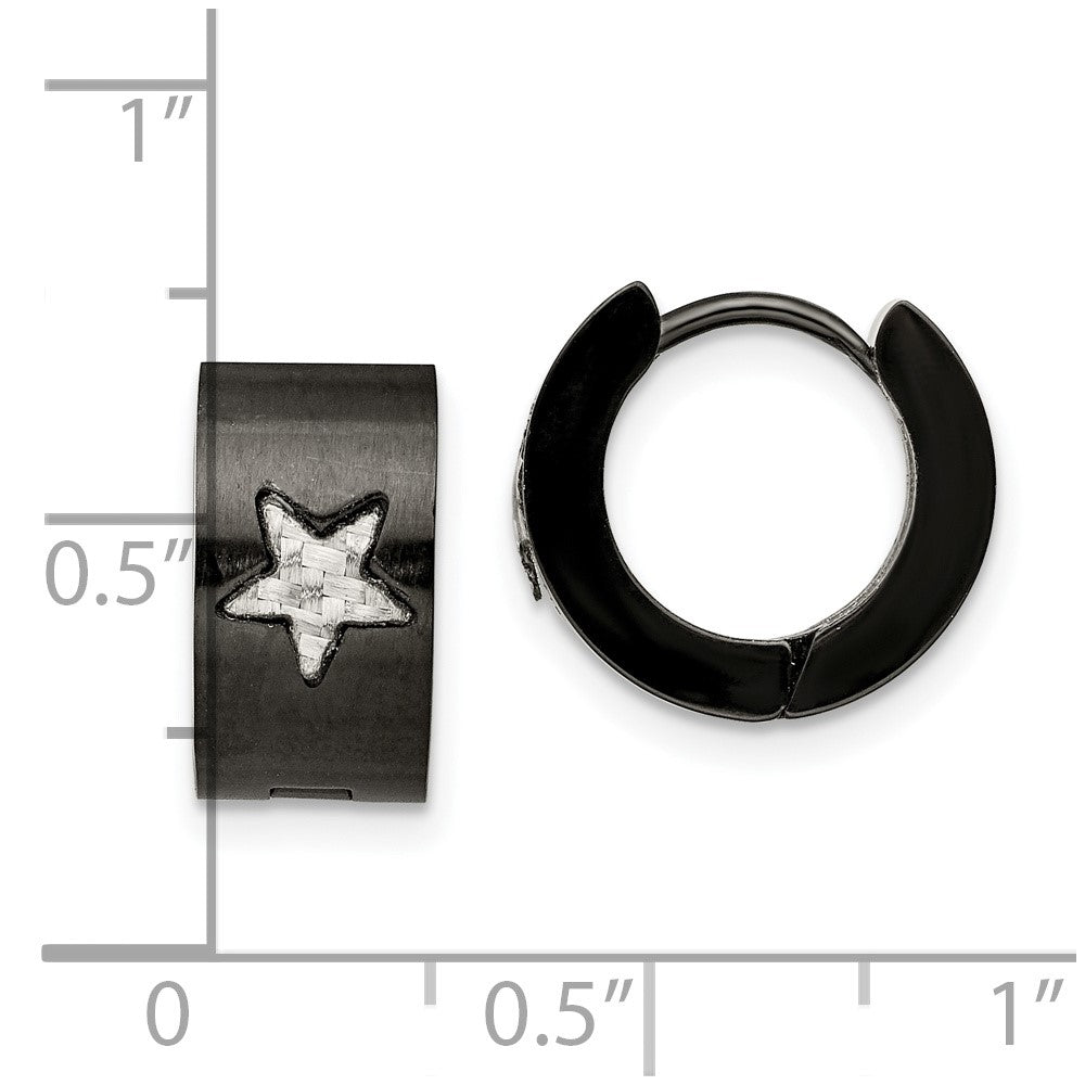Stainless Steel Brushed Black IP CarbonFiber Star Hinged Hoop Earrings