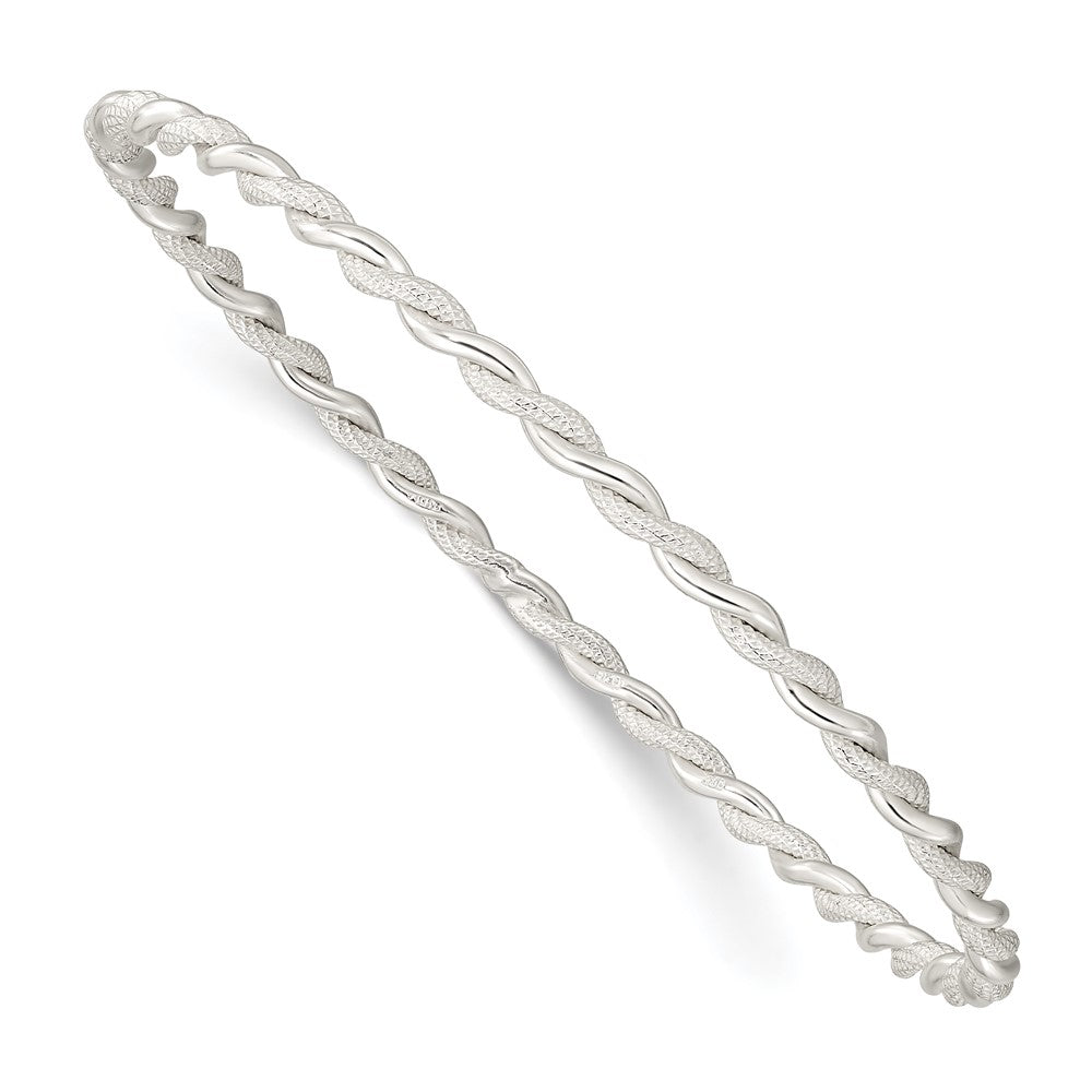 Sterling Silver Polished and Textured Twisted 3mm Slip-on Bangle 8 inches
