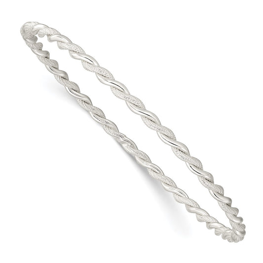 Sterling Silver Polished and Textured Twisted 3mm Slip-on Bangle 8 inches