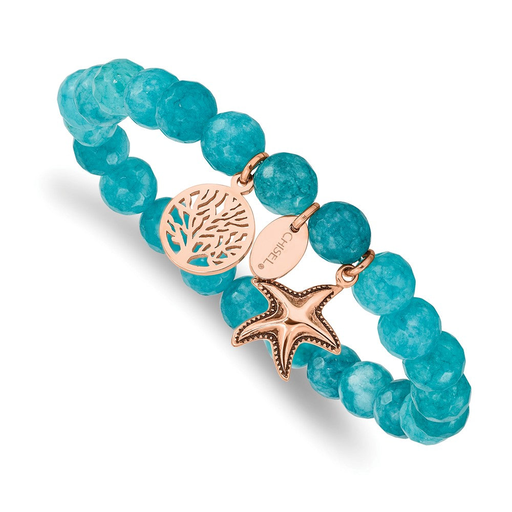 Stainless Steel Antiqued & Polished Rose IP Starfish Aqua Dyed Jade Bracele 6 inches