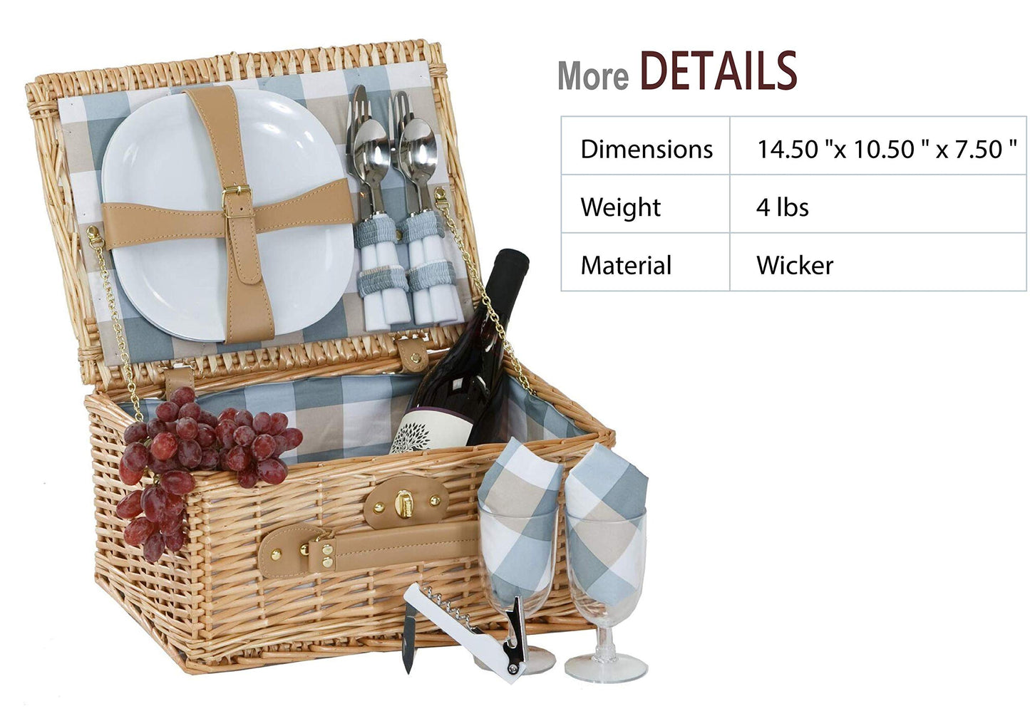Boothbay Natural Handwoven Willow Picnic Basket with Service for 2 QGM19774