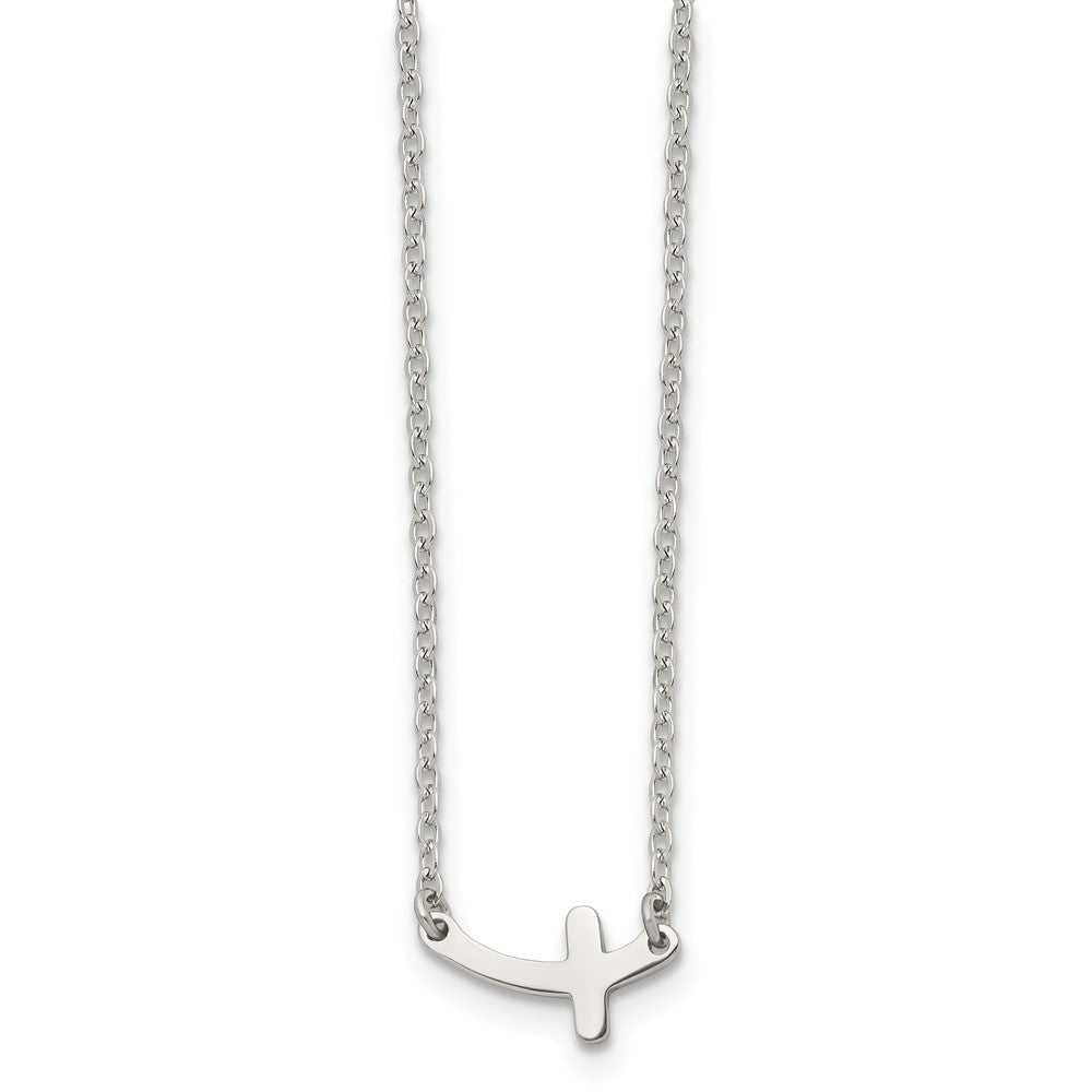 Stainless Steel Polished Sideways Cross 18in Necklace