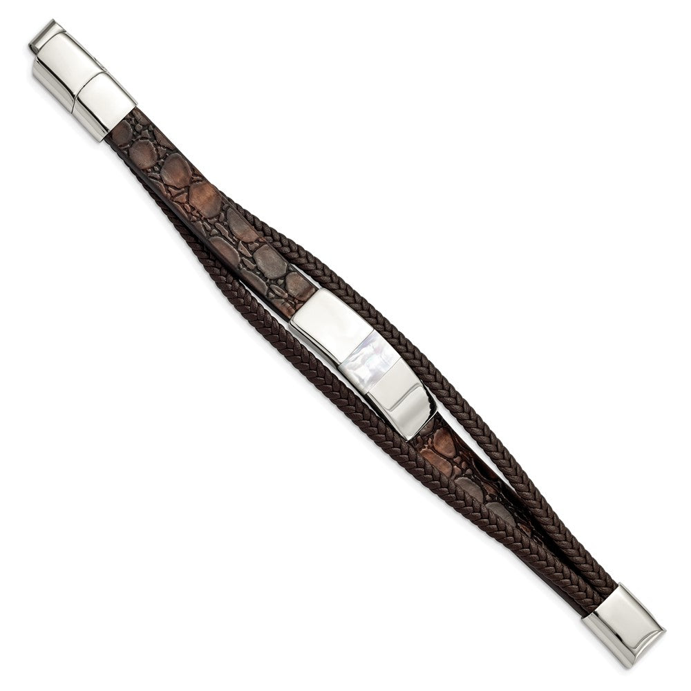 Stainless Steel Polished with Shell Pearl Leather 8in w/.5in ext Bracelet 8 inches