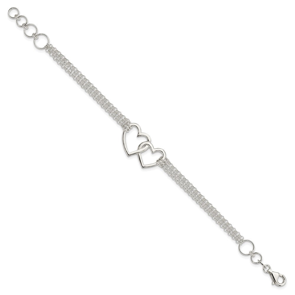Sterling Silver Polished 3-strand w/.5in. Ext. Heart Bracelet 7 inches