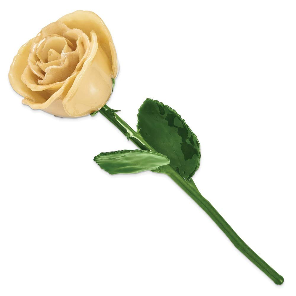 Lacquer Dipped Natural White Rose w/Green Leaves & Stem