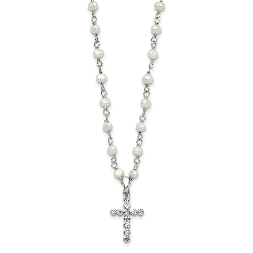Sterling Silver Rhodium-plated 4-5mm White Near-Round Freshwater Cultured Pearl and CZ Cross 21 inch Necklace 21 Inches