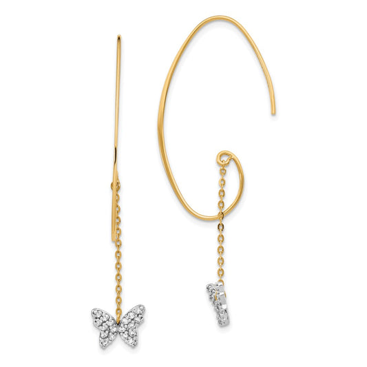 14K Two-tone CZ Butterfly Dangle Earrings