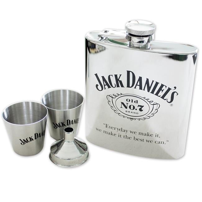Jack Daniels Stainless Steel 6 ounce Flask Gift Set with 2 Shot Glasses and Funnel Q-GP6961