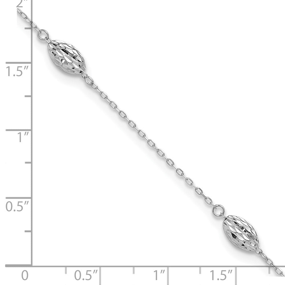 14k White Gold Puffed Rice Bead 10in Plus 1in ext. Anklet
