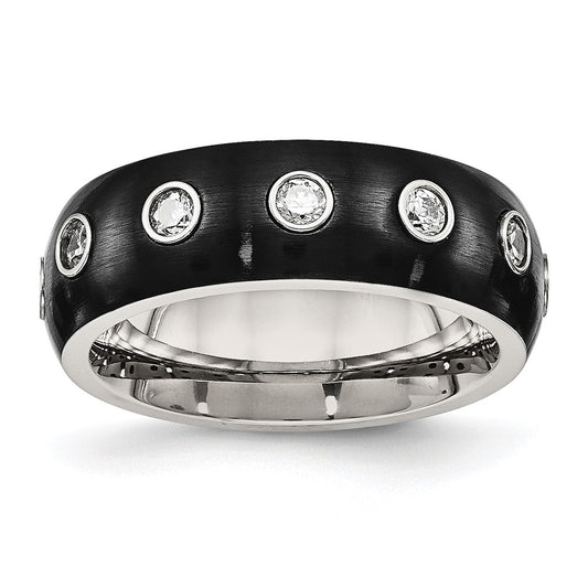 Stainless Steel Brushed/Polished Black IP-plated CZ Half Round 7mm Band Size - 6