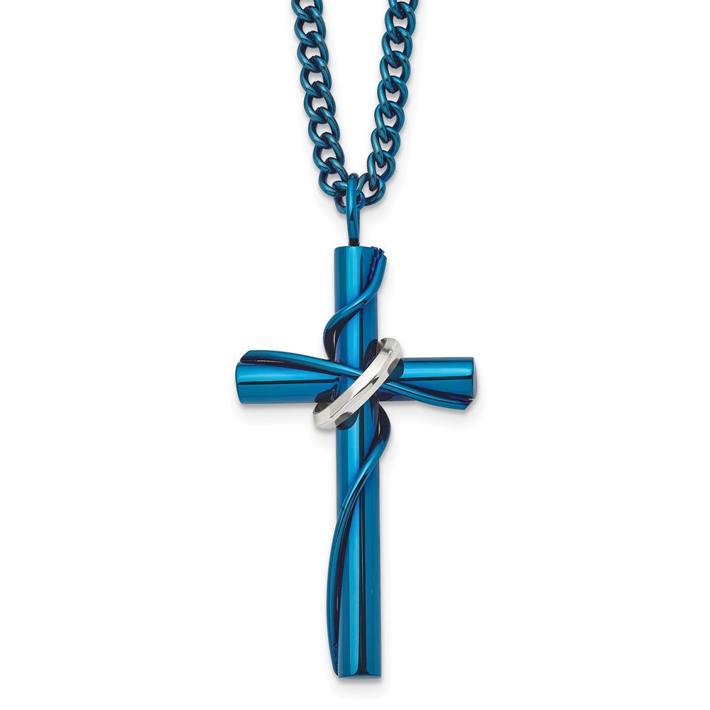 Stainless Steel Polished Blue IP-plated Moveable Cross 24in Necklace