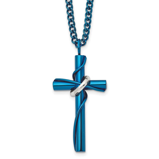 Stainless Steel Polished Blue IP-plated Moveable Cross 24in Necklace