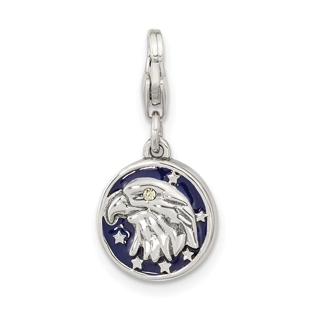 Amore La Vita Sterling Silver Rhodium-plated Polished Antiqued Enameled Crystal Reversible American Flag Eagle Charm with Fancy Lobster Clasp
