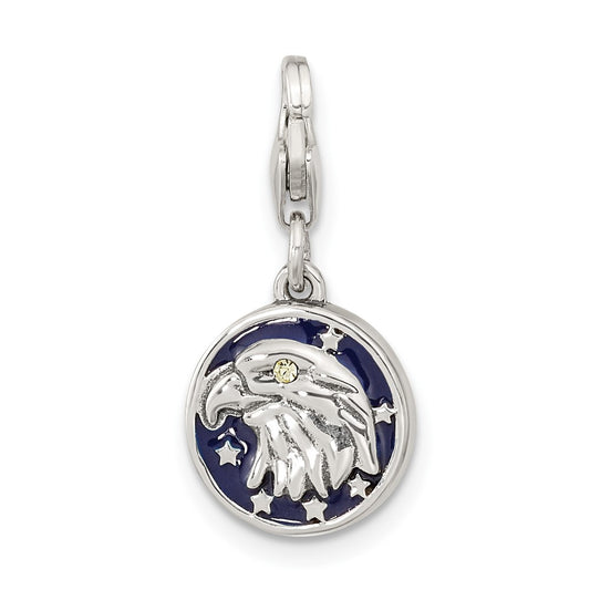 Amore La Vita Sterling Silver Rhodium-plated Polished Antiqued Enameled Crystal Reversible American Flag Eagle Charm with Fancy Lobster Clasp