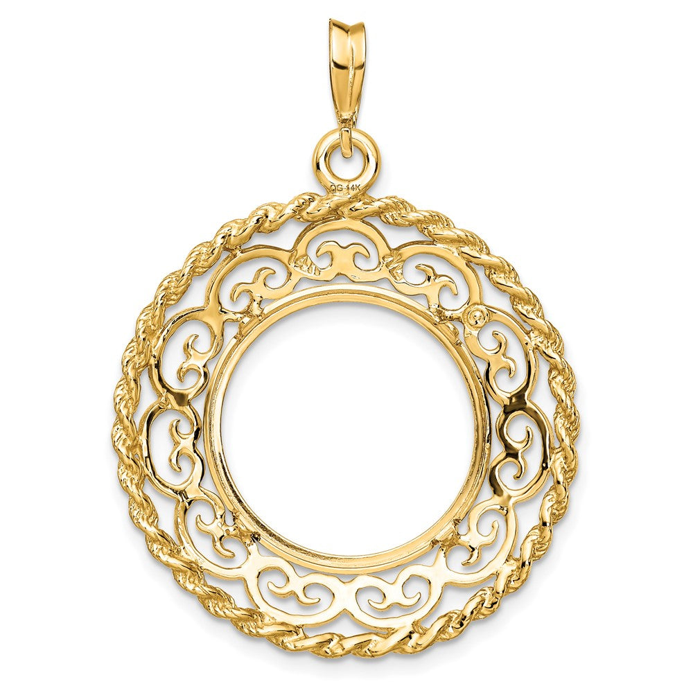 Wideband Distinguished Coin Jewelry 14k Polished Scroll Design with Rope Edge 17.8mm Prong Coin Bezel Pendant