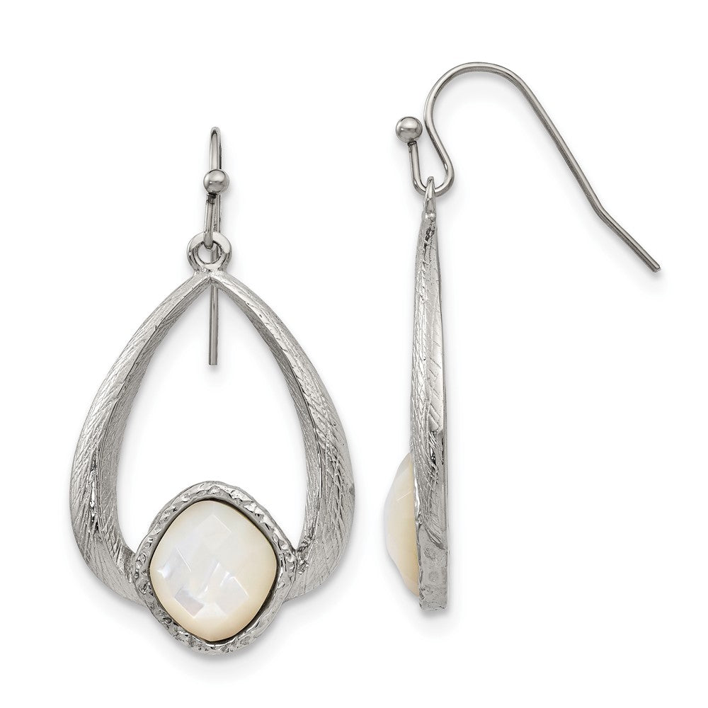 Stainless Steel Polished and Textured Mother of Pearl Dangle Earrings