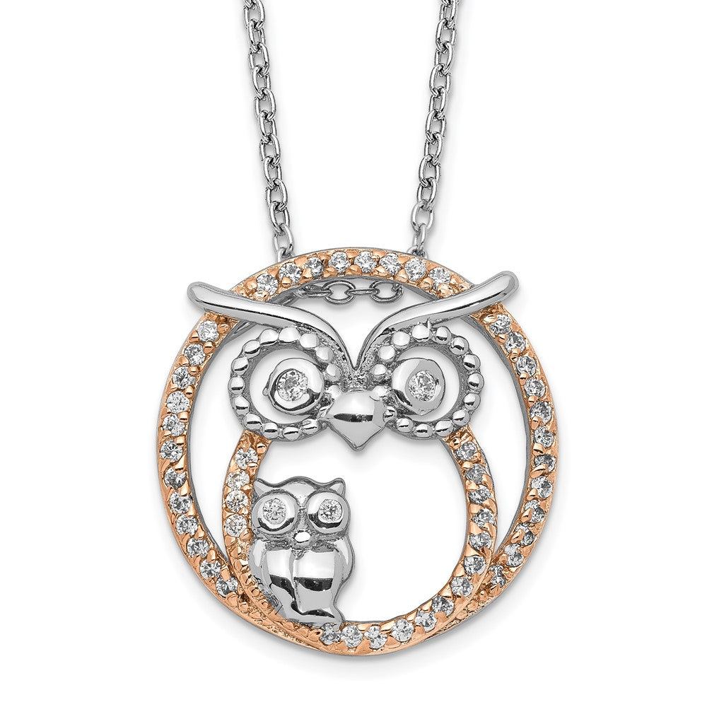 Cheryl M Sterling Silver Rhodium-plated and Rose Gold-plated Brilliant-cut CZ Owls Circle 18.25 Inch Necklace 18.25 Inches