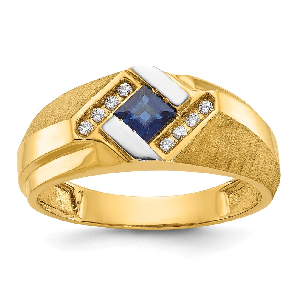 14k IBGoodman Men's Created Sapphire and 1/15 carat Diamond Satin Complete Ring Size 10