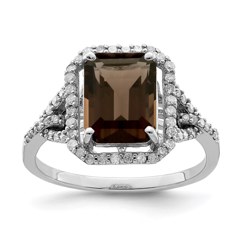 Sterling Silver Rhodium Octagonal Diam. & Smoky Quartz Ring