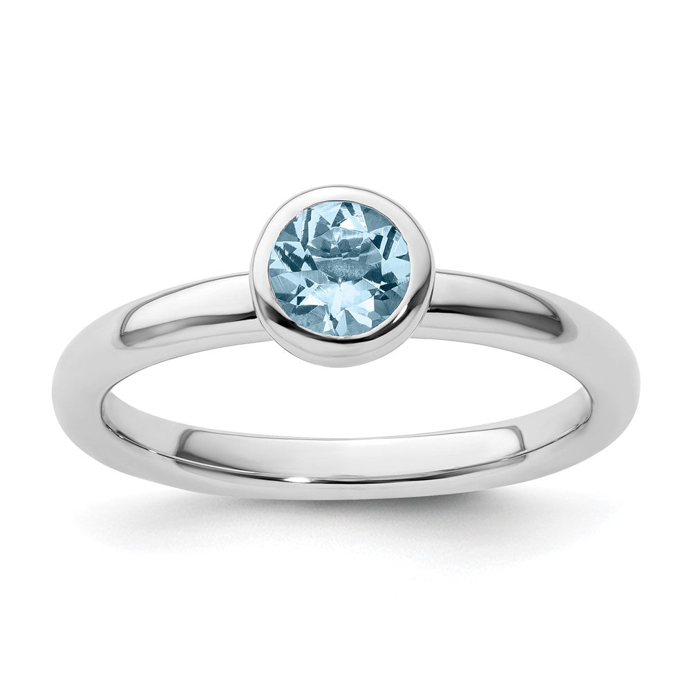 Sterling Silver Stackable Expressions Low 5mm Round Aquamarine Ring Size -6