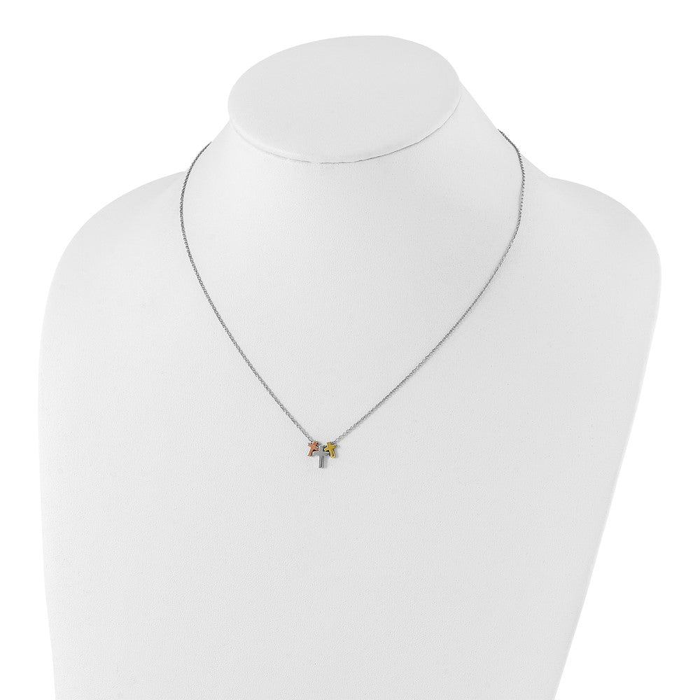 Sterling Silver Rose and Gold-tone 3-Cross w/ 2in ext. Necklace 16 Inches