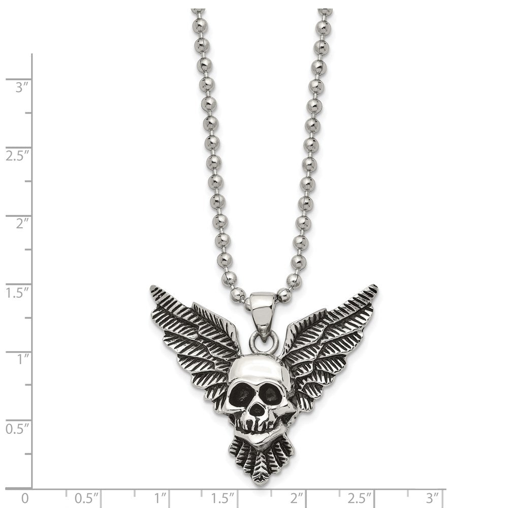 Stainless Steel Antiqued and Polished Skull with Wings 22in Necklace