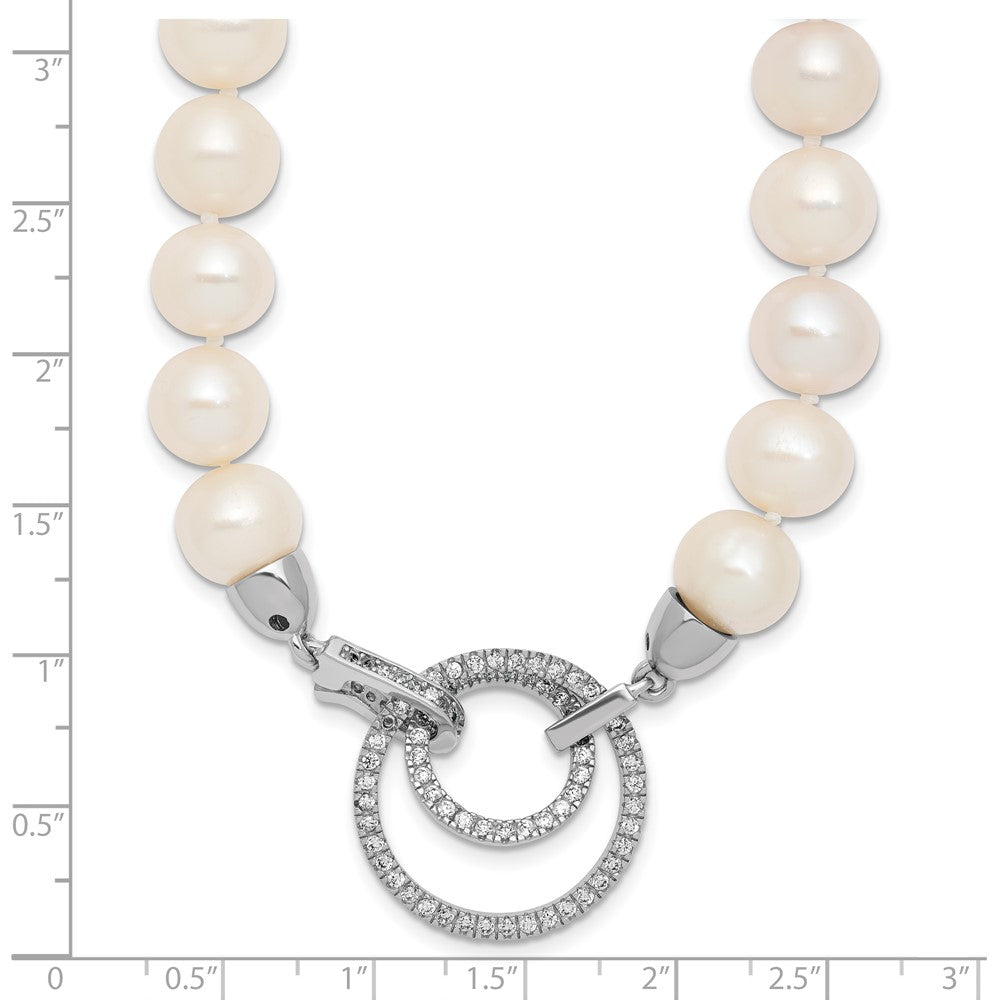 Sterling Silver Rhodium-plated 10-11mm White Near-Round Freshwater Cultured Pearl and CZ Clasp Adjustable 19.5 inch Necklace 19.5 Inches