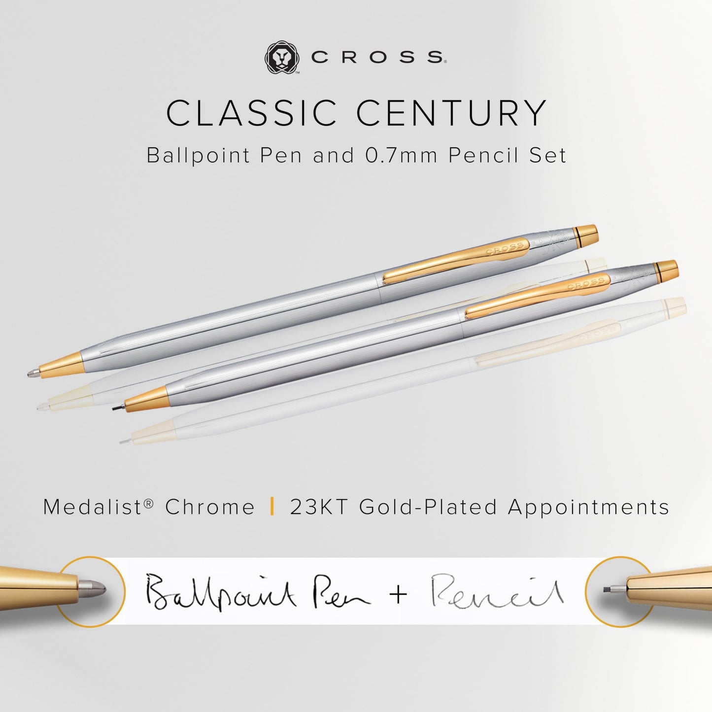 Cross Classic Century Refillable Medium Ballpoint Pen And 0.7mm Pencil Set, Includes Premium Gift Box - Medalist Chrome