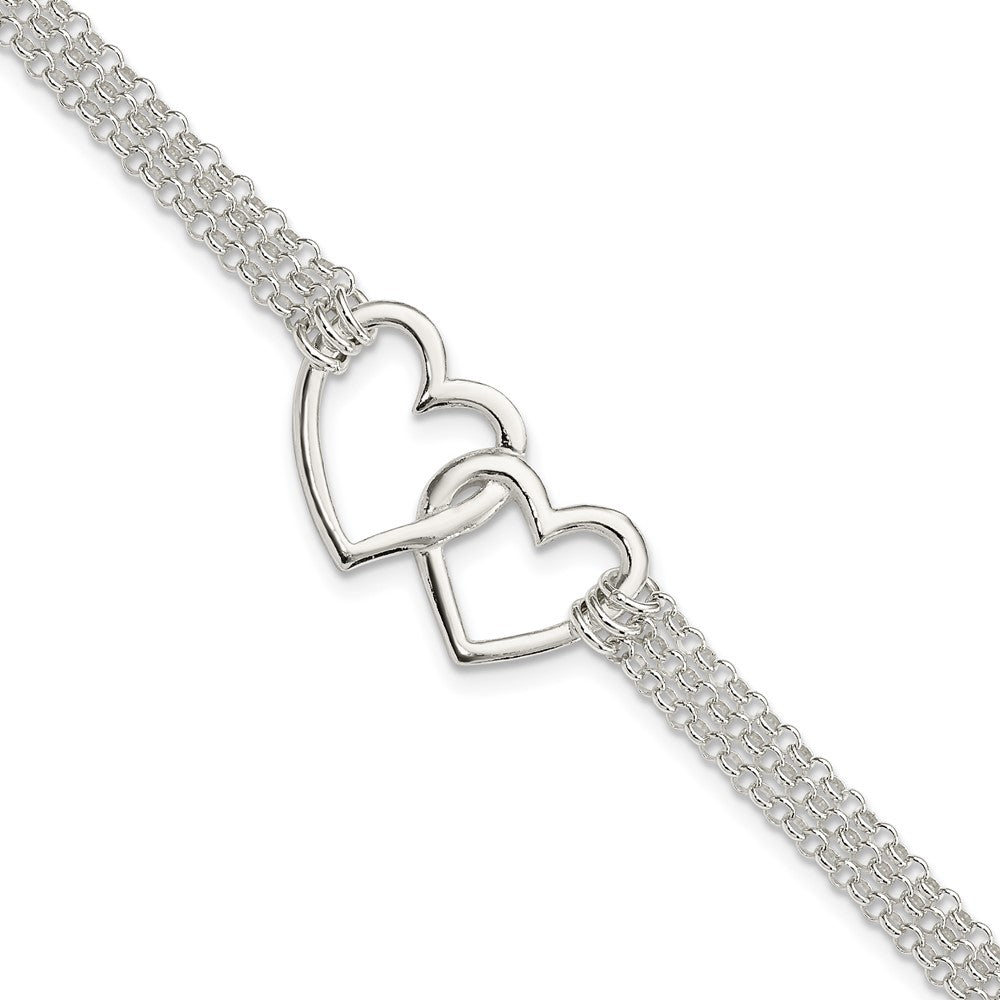 Sterling Silver Polished 3-strand w/.5in. Ext. Heart Bracelet 7 inches
