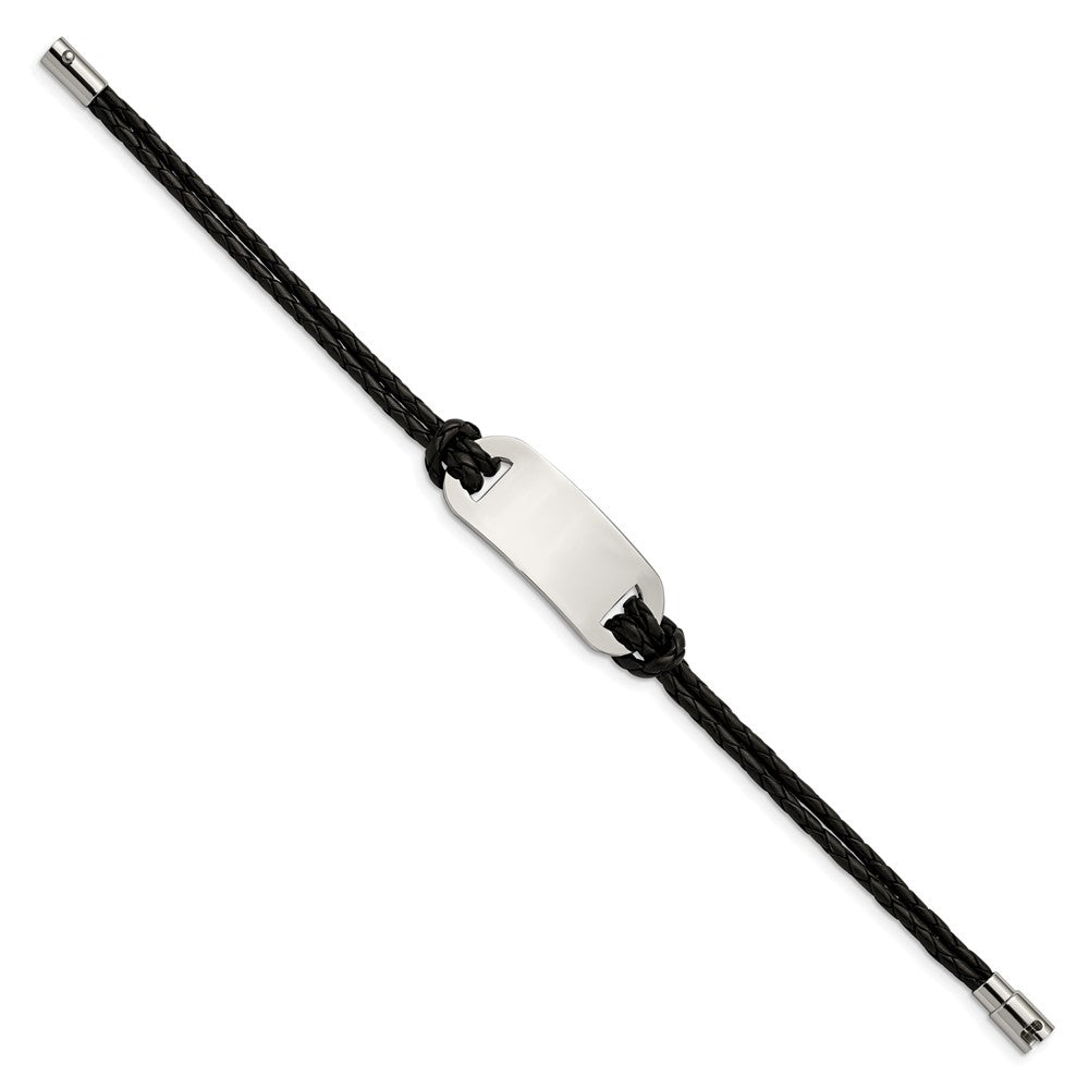 Stainless Steel Polished Black Woven Leather 8.25in Bracelet 8.25 inches
