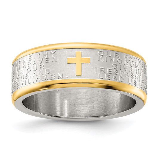 Stainless Steel Brushed & Polished Yellow IP Lord's Prayer 8mm Band Size - 12